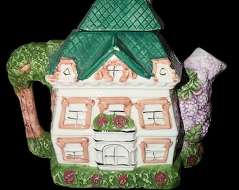 Tetera victoriana vintage, tetera decorativa de cabaña, techo verde, decoración floral de cabaña