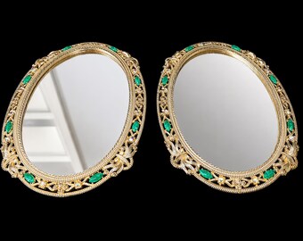 Vintage Set Gold Filigrane Kosmetikspiegel Tablett Grün Cabochon Strass Hollywood Regency Oval Kommode Dekor