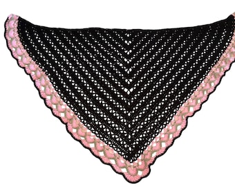 Handmade Crochet Triangle Shawl Black Pink Boho Wrap Table Topper Dresser Scarf