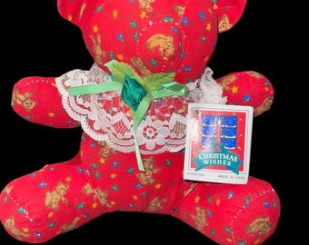 Vintage Y2K Red Christmas Wishes Teddy Bear Fabric NWT Cottagecore