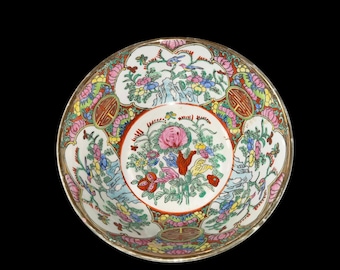 Chinese Rose Medallion Porcelain Bowl 8 Inch Famille Rose Birds Flowers Butterflies Gold Trim Decorative Bowl
