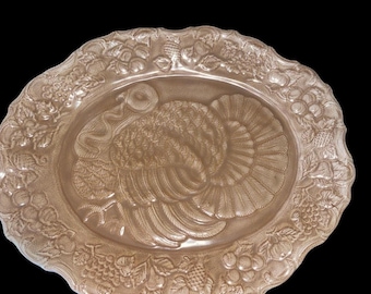 Plato ovalado de cerámica marrón dorado con forma de pavo, relieve, 44,5 x 35,5 cm (17,5" x 14"). Vintage, en excelente estado.