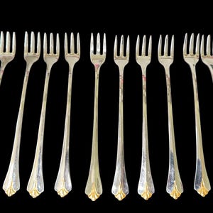 Set of 12 Oneida Community Golden Royal Flute Cocktail Seafood Forks Gold Accent Stainless