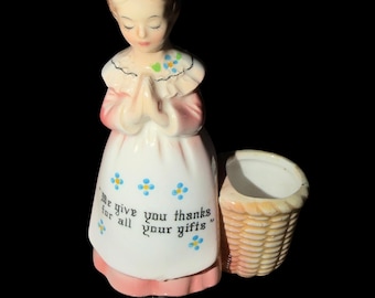 Vintage Enesco Prayer Lady Toothpick Holder Japan Pink Mother in the Kitchen Figurine Religious Kitchen Decor
