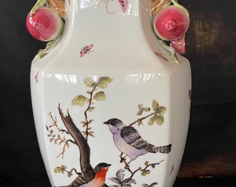 VINTAGE Large Chinese Vase Pomegranate Handles Bird Luck Fertility Nature