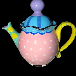 Vintage Outta Hand Amy Hetrick Whimsical Polka Dot Ceramic Teapot 2001 Destination Home Colorful Tea Pot Decor