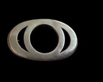 Vintage Minimalist Belt Buckle Silver Tone Modernist Oval Cutout 1970s Unisex