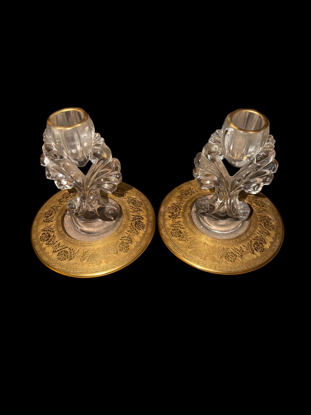 Vintage Glass Gold Candlestick Holders Set of 2 Hollywood Regency Art ...