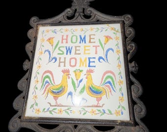 Vintage ART MAN Japan Rooster Trivet, Home Sweet Home Ceramic Tile, Cast Iron Farmhouse Kitchen Decor, Folk Art Wall Hanging