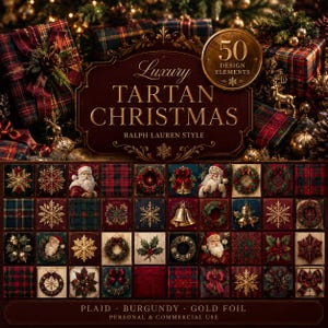 Könnte beinhalten: Eine digitale Sammlung von 50 Designelementen zum Thema Luxury Tartan Christmas. Das Set enthält verschiedene Quadrate mit goldfarbenen Schneeflocken, Weihnachtsmann-Illustrationen, Kränzen, Glocken und rot-grünen Schottenmustern.
