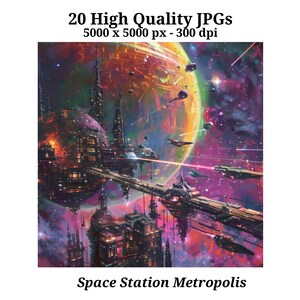 Space Station Metropolis Digital Art Print | Advanced Orbital City Poster | Sci-Fi Spacecraft Wall Art | Colorful Gas Giant Backdrop | #3