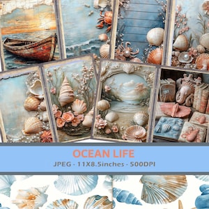 Ocean Life Junk Journal, Shells Seaweed, Boats, Calm Waters and Surf Memories, Sunrise and Sunsets Over Water, Scrapbooks and Journals Print