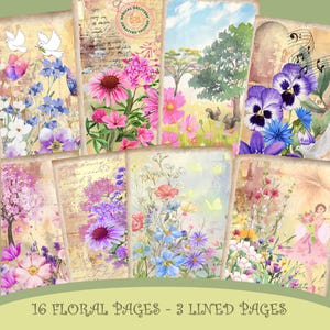 Peut inclure: Un ensemble de 16 pages florales et 3 pages lignées avec des illustrations vintage. Les pages présentent diverses fleurs, papillons et colombes, avec une texture de papier douce et vieillie. Le texte en bas indique "16 Floral Pages - 3 Lined Pages."