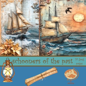 Schoner der Vergangenheit, Handelsboote, Junk Journal für Männer, Besonderes Geschenk für Männer, Ozean Thema, Seiten für Journals, Geschenkkarten, Party Dekoration