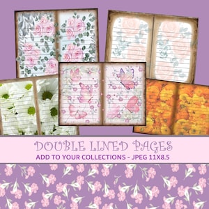 Può includere: Una collezione di pagine a doppia riga con disegni floreali e farfalle. Le pagine presentano rose, margherite e farfalle in vari colori. Il testo "DOUBLE LINED PAGES" e "ADD TO YOUR COLLECTIONS - JPEG 11X8.5" è visibile.