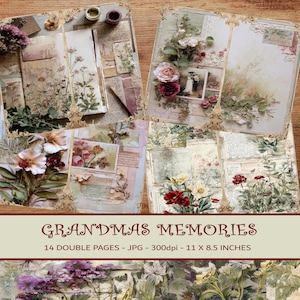 Vintage skräpjournal med dubbla sidor, mormors minnen, 14 decoupagesidor, exklusiva designer, speciell present, direktutskrift, present till mormor