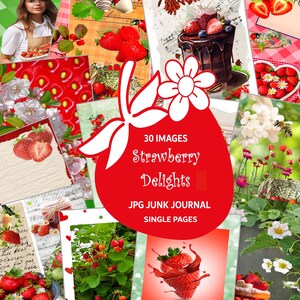 May include: A digital collage featuring various strawberry-themed images. The images include strawberries, chocolate-covered strawberries, a chocolate cake, and a person. Text on the image reads "30 IMAGES Strawberry Delights JPG JUNK JOURNAL SINGLE PAGES."