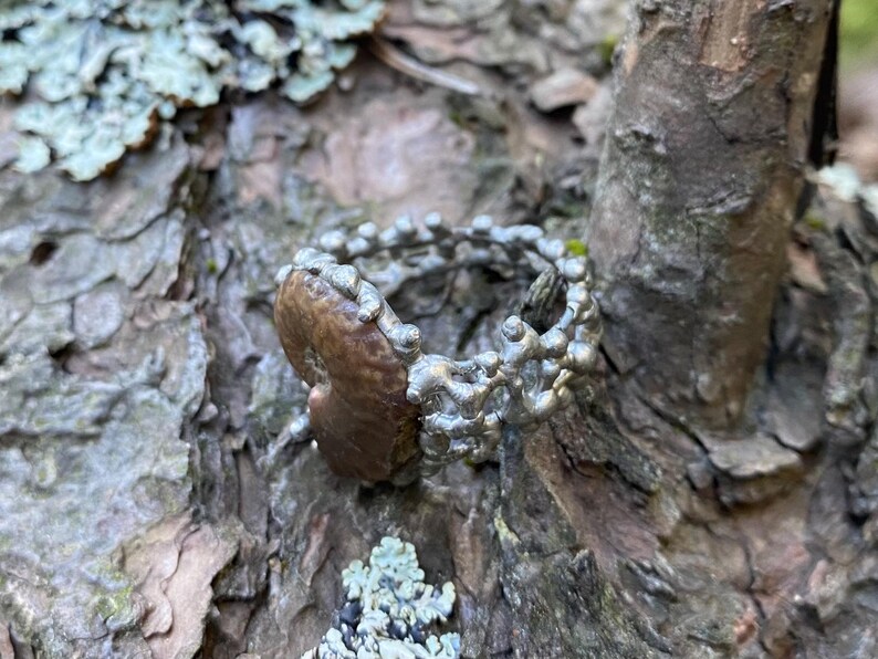 Pu&ograve; includere: Un anello unico con una pietra centrale marrone di forma organica e una fascia argentata e strutturata. L'anello &egrave; ambientato su uno sfondo di corteccia d'albero e licheni, creando un'estetica naturale. Il design dell'anello suggerisce un tema ispirato alla natura.
