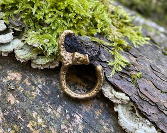 Volcanic stone ring with olivine / sand cast brass ring / raw organic jewelry / handmade jewelry