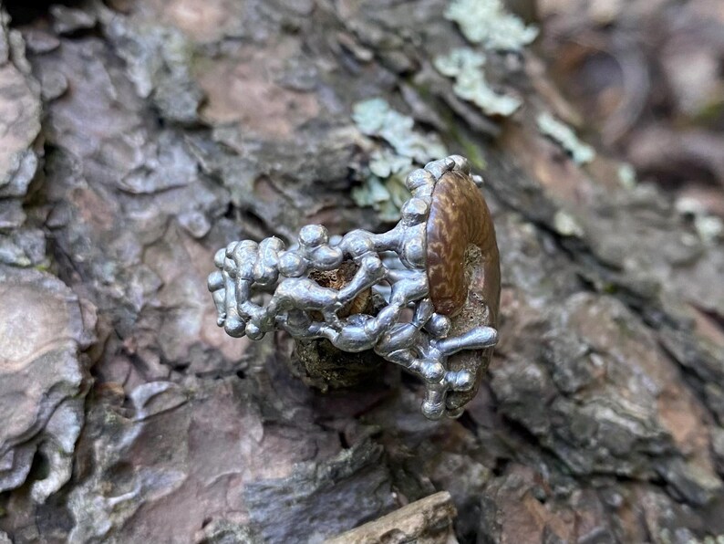 Pu&ograve; includere: Un anello unico con una pietra marrone ovale con un motivo strutturato, incastonato in una fascia di metallo argentato dall'aspetto organico. L'anello &egrave; esposto su una superficie marrone strutturata, forse legno o corteccia.