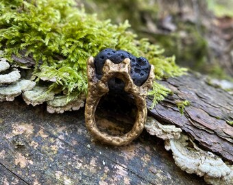 Volcanic stone ring / sand cast brass ring / raw organic jewelry / handmade jewelry