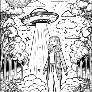 May include: A black and white illustration of a woman standing in a forest with a UFO hovering above her. The UFO is emitting a beam of light. The woman is wearing a cardigan and pants. There are trees and clouds in the background.
