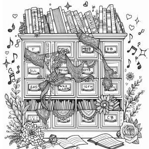 May include: Black and white illustration of a library card catalog with books on top and inside the drawers. Floral and musical note accents surround the catalog, with open books at the bottom.