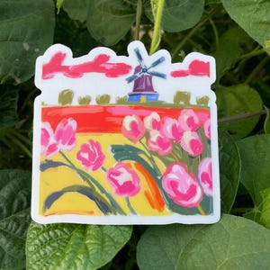 Molino de viento holandés de Europa + pegatina de vinilo con pintura al óleo de campo de flores ~ para computadora portátil, botella de agua, automóviles, calcomanías, estuches, álbumes de recortes, diarios y regalos :)