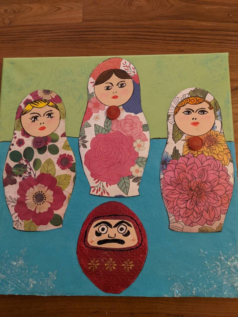 mixed media art Matryoshka dolls and Daruma collage titled Fed Up
