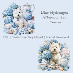 Puede incluir: Dos ilustraciones en acuarela de un perro Westie blanco rodeado de hortensias azules, una tetera floral, tazas de té y pasteles. El texto dice Blue Hydrangea Afternoon Tea Westie y PNG | Watercolor Dog Clipart | Instant Download.