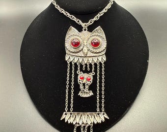 Vintage 1970s Kinetic Owl Pendant Necklace, Silver-Tone, Cherry-Red Cabochon Eyes