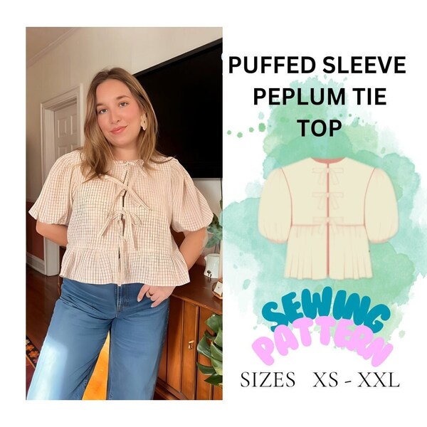 Puffed Sleeve Peplum Top Pattern,Tie Top Pattern, Front Tie Blouse, Instant Download PDF Pattern