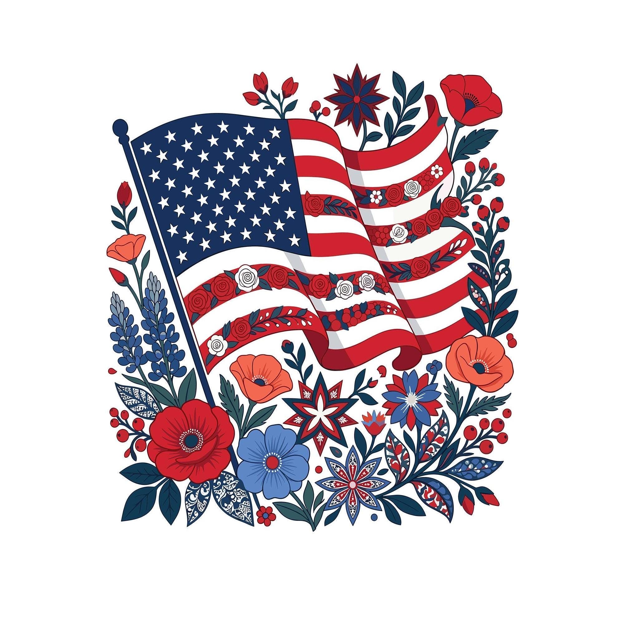 Floral USA Flag Png, Patriotic 4th of July Png, American Flag PNG for ...