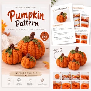 May include: A digital crochet pattern document titled Pumpkin Pattern featuring three sizes of crocheted orange pumpkins with brown stems and green leaves. The document includes step-by-step photo tutorials, instructions for special stitches, and icons for PDF, print at home, beginner friendly, and US terminology.