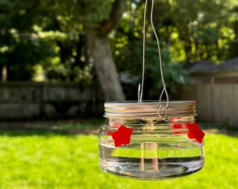 Handcrafted Mason Jar Style Hummingbird Feeder with easy filling & cleaning. Built-in bee cover, 4 ports. Perfect Mother's/Father's Day gift