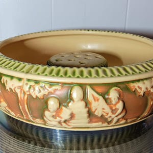 Roseville Pottery Donatello Low Floral Bowl 54-8 And Flower Frog Unmarked Early