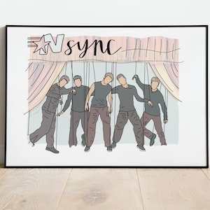 May include: A black and white illustration of five figures with strings attached to their hands, as if they are puppets. The figures are dressed in black and gray clothing. The background is a light blue with a pink and white curtain. The text "NSYNC" is written in black at the top of the image.