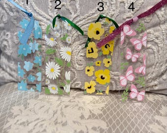 Acrylic  flower and butterfly bookmark with ribbon.