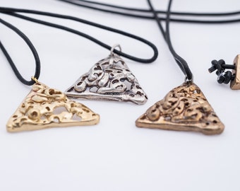 Triangle Filigree Necklace on Leather Cord in Brass, Bronze or Silver, handmade jewelry, wedding gift, natural material