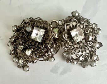 Rhinestone round clip on earrings with dangling stones
