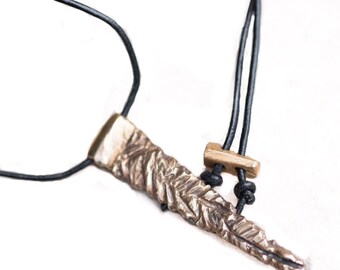Hand Chiseled Bronze Triangle Pendant, Arrowhead Necklace, 30" Leather Cord