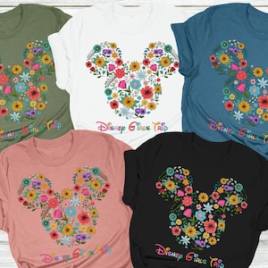 Aangepast Disney-shirt met bloemenmotief Mickey Head, trip-T-shirt meisjes