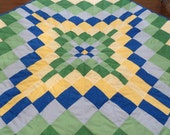Quilt, Handquilted, Handmade, Lap Quilt, Blue, Green, Yellow, wall hanging, Fiber Art, Quilting