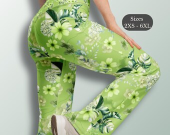 Floral Yoga Pant High Waist Legging Green Flower Print Activewear Design Athletic Wear Bell Bottom Workout Tight Booty Lifting Fitness
