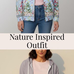 May include: Light blue zip-up hoodie with a floral and butterfly print. The hoodie has a white drawstring and pockets. The text "Nature Inspired Outfit" is displayed in the image.
