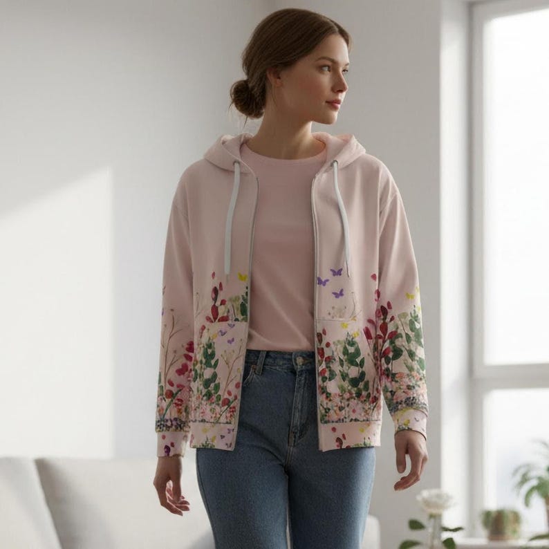 Recycled Polyester Hoodie Sustainable Fashion Choice Floral Pattern Design Womens Zip Sweatshirt Botanical Outerwear Eco Conscious Clothing Comfortable Daily Wear Versatile Wardrobe Essential Soft Cotton Feel Cozy Winter Layer Spring
