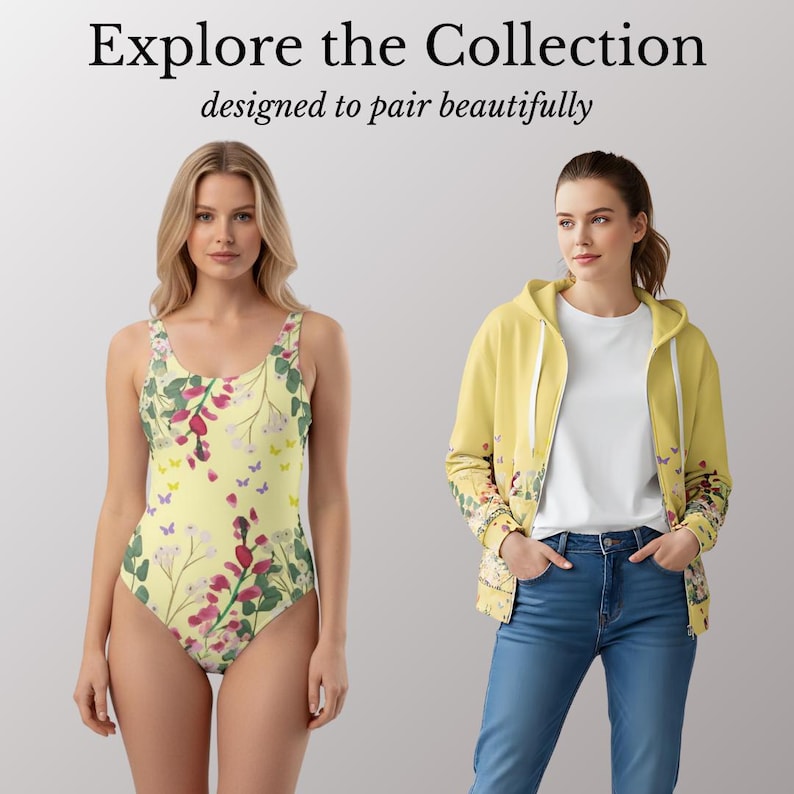 May include: A light yellow swimsuit and a yellow zip-up hoodie with floral and butterfly patterns. The swimsuit has a scoop neck and a high-cut leg. The hoodie has a white t-shirt underneath and blue jeans.