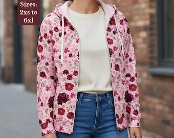 Sudadera con capucha y cremallera con estampado floral femenino para mujer, sudadera de capas botánicas, chaqueta informal para el día a día, estilo romántico, diseño de flores.