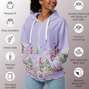 Womens Floral Zip Hoodie Unisex Sweatshirt Flower Pattern Jacket Botanical Design Casual Wear Stylish Outerwear Recycled Polyester Cozy image 8