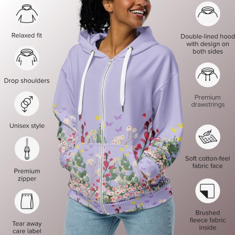 Womens Floral Zip Hoodie Unisex Sweatshirt Flower Pattern Jacket Botanical Design Casual Wear Stylish Outerwear Recycled Polyester Cozy image 8